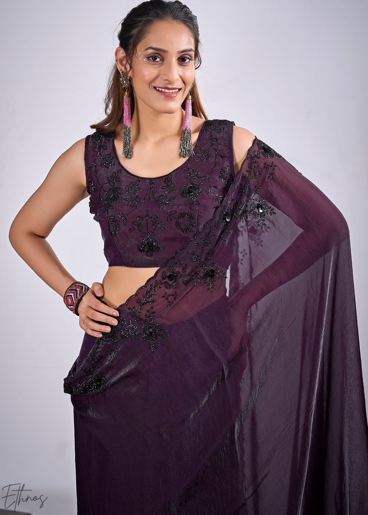 Purple Amethyst Cutdana Fendy Satin Silk Saree
