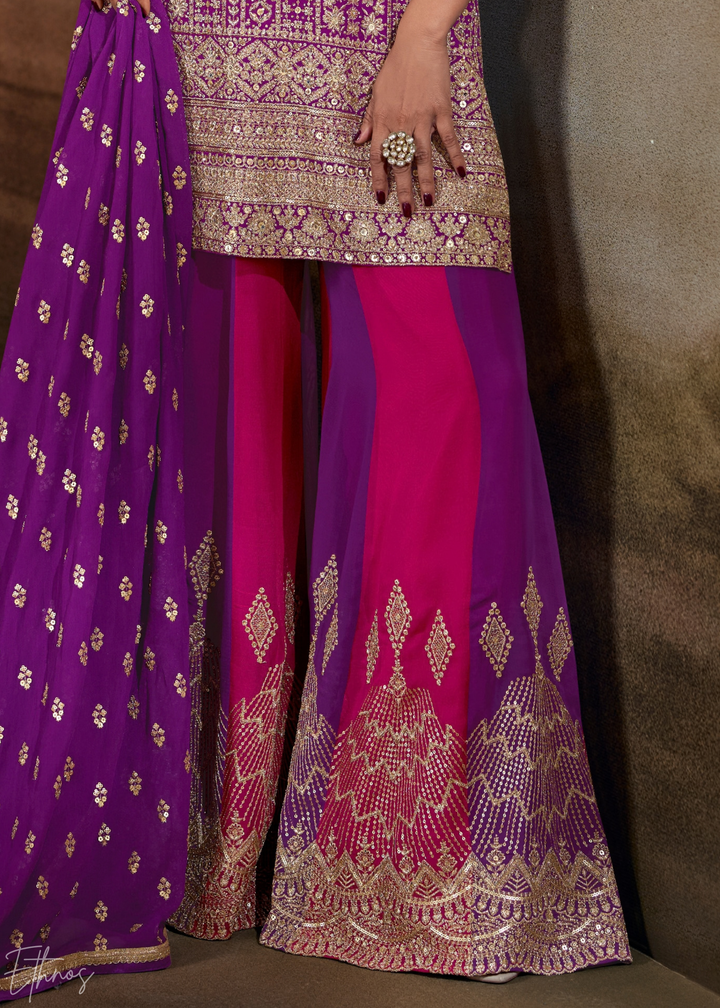 Purple Chevron Gota Faux Georgette Palazzo Suit
