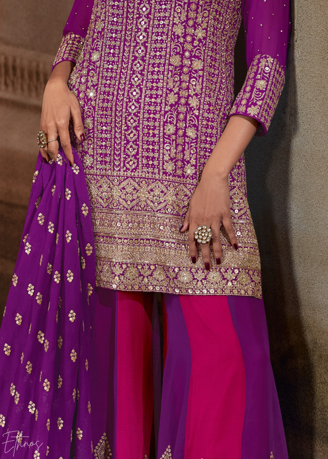 Purple Chevron Gota Faux Georgette Palazzo Suit