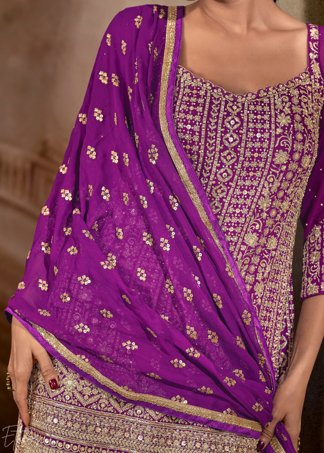 Purple Chevron Gota Faux Georgette Palazzo Suit