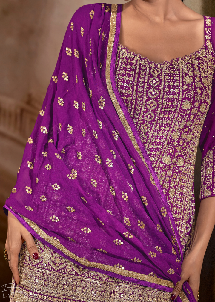 Purple Chevron Gota Faux Georgette Palazzo Suit