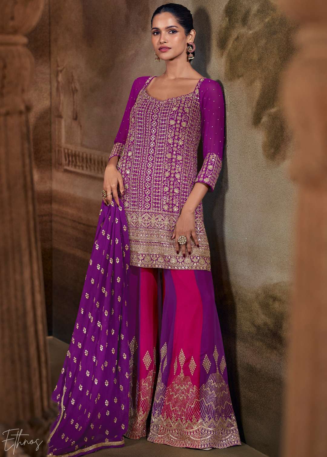 Purple Chevron Gota Faux Georgette Palazzo Suit