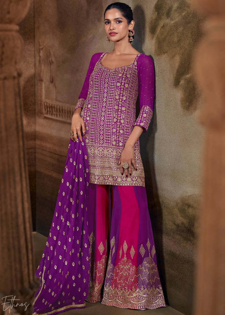 Purple Chevron Gota Faux Georgette Palazzo Suit
