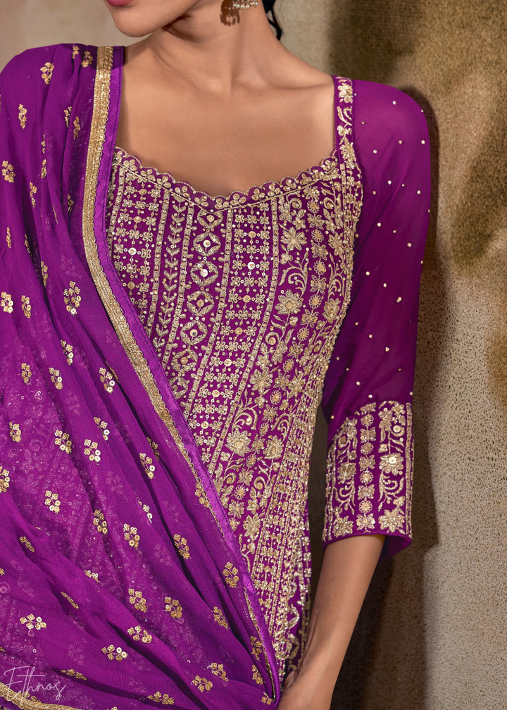 Purple Chevron Gota Faux Georgette Palazzo Suit