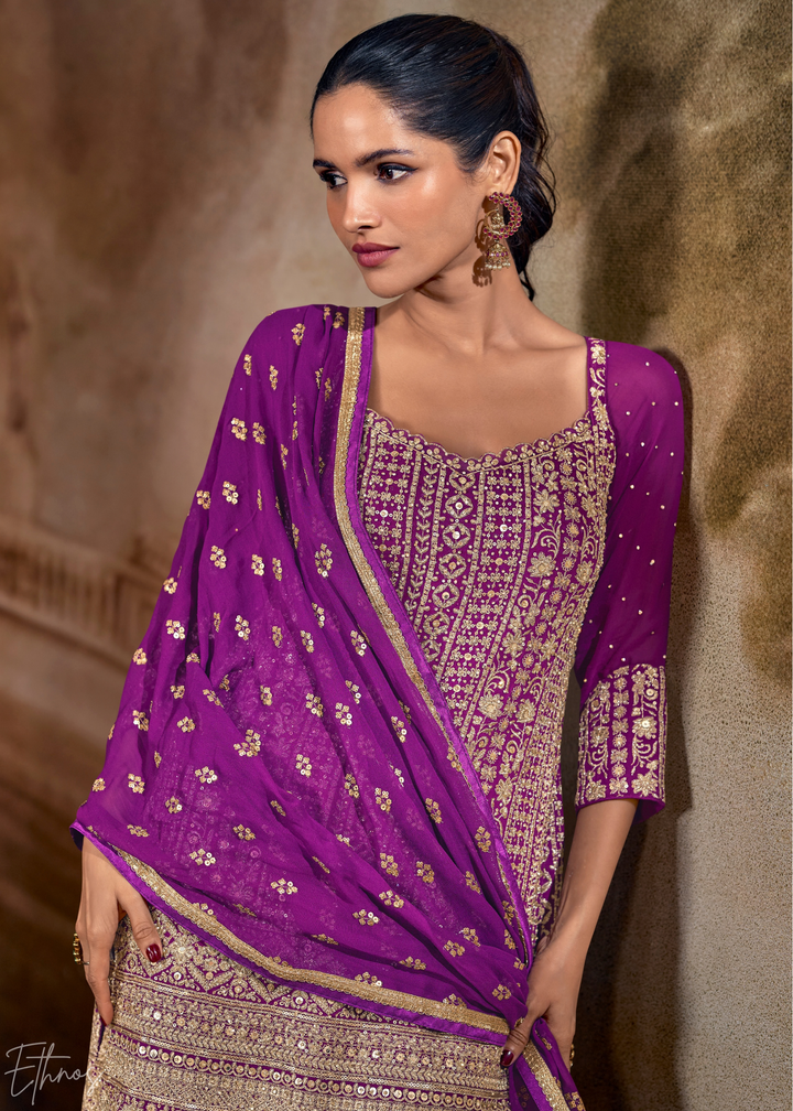 Purple Chevron Gota Faux Georgette Palazzo Suit