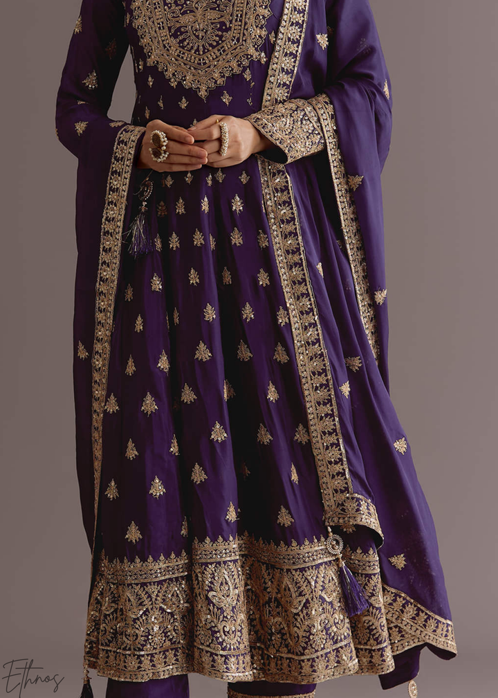 Purple Chinnon Silk Anarkali Palazzo Suit