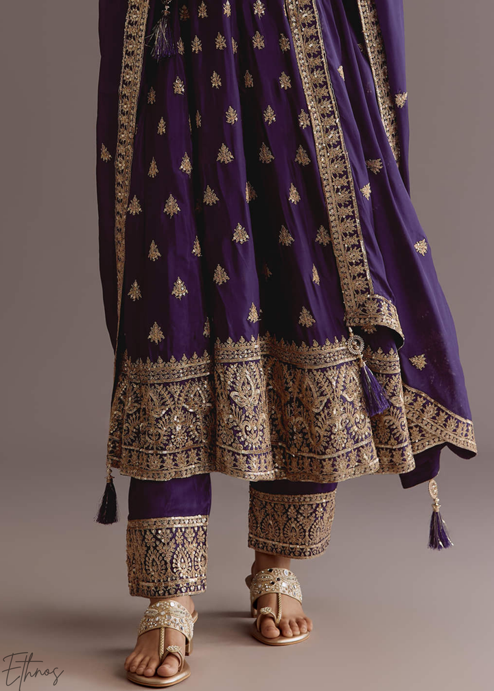 Purple Chinnon Silk Anarkali Palazzo Suit