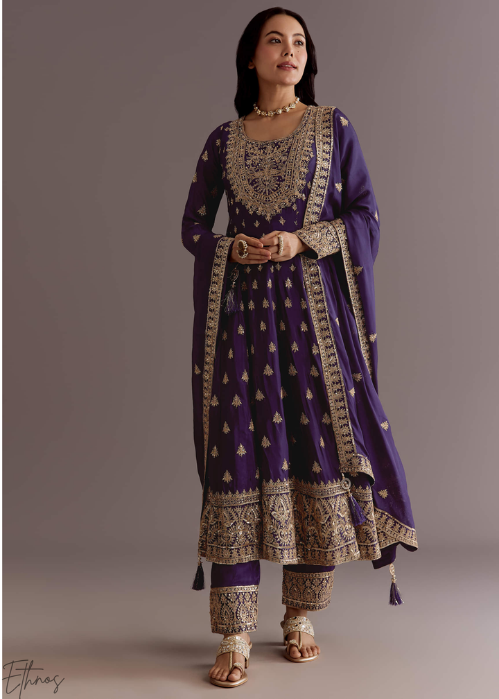 Purple Chinnon Silk Anarkali Palazzo Suit