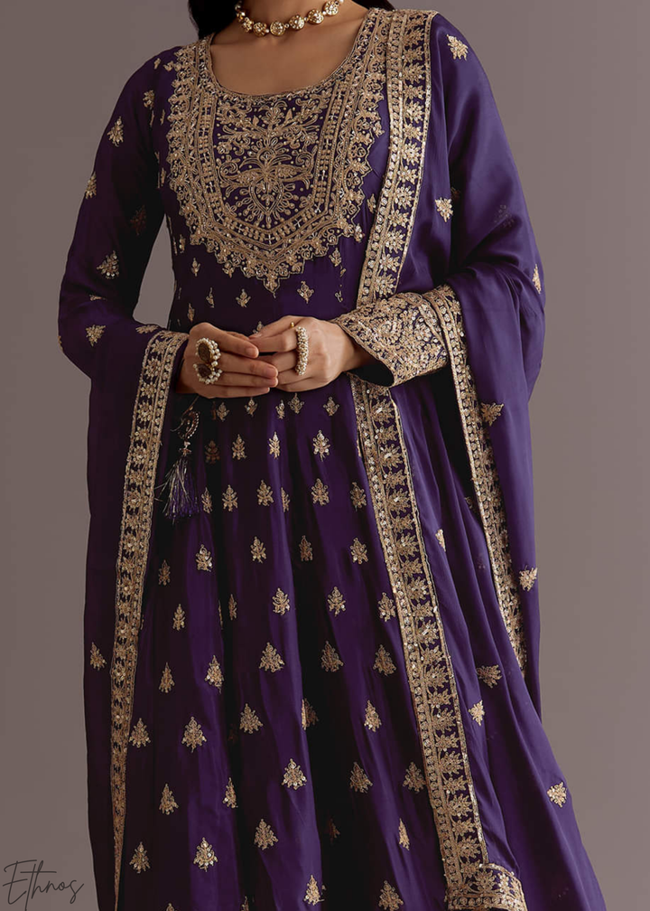 Purple Chinnon Silk Anarkali Palazzo Suit