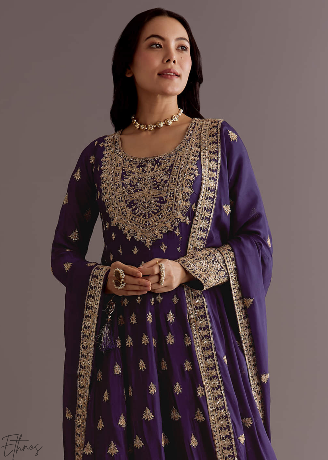 Purple Chinnon Silk Anarkali Palazzo Suit