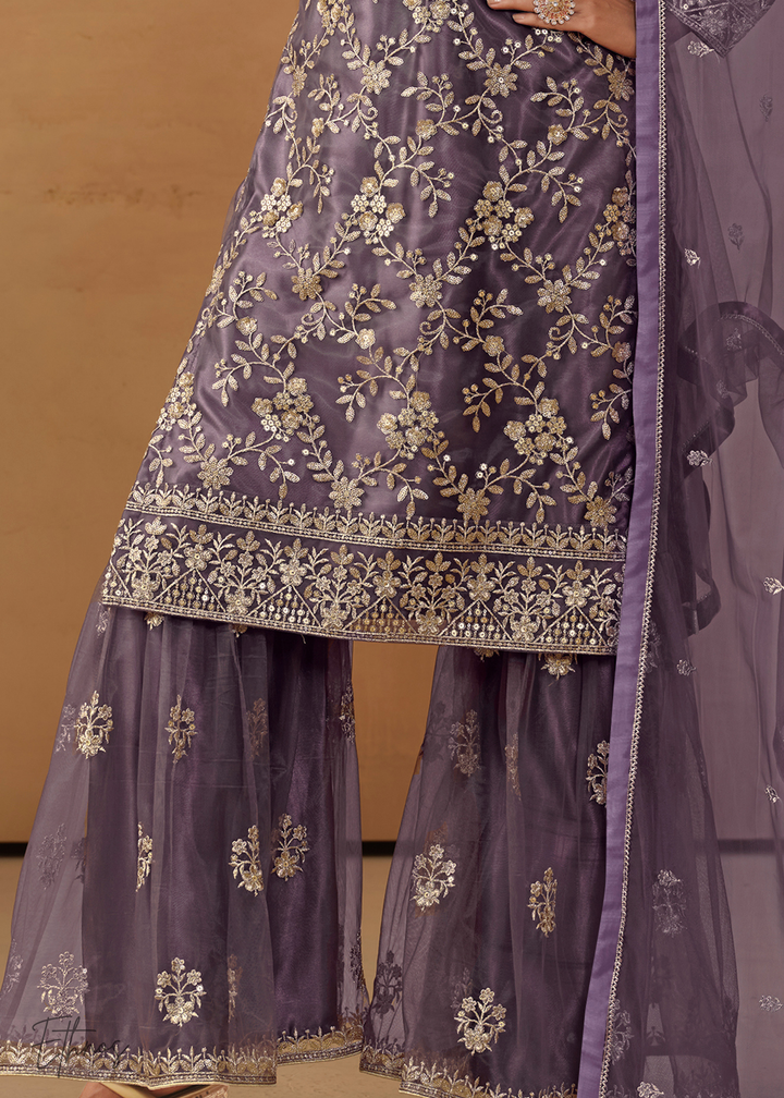 Purple Dori Embroidered Net Sharara Suit