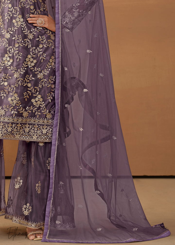 Purple Dori Embroidered Net Sharara Suit