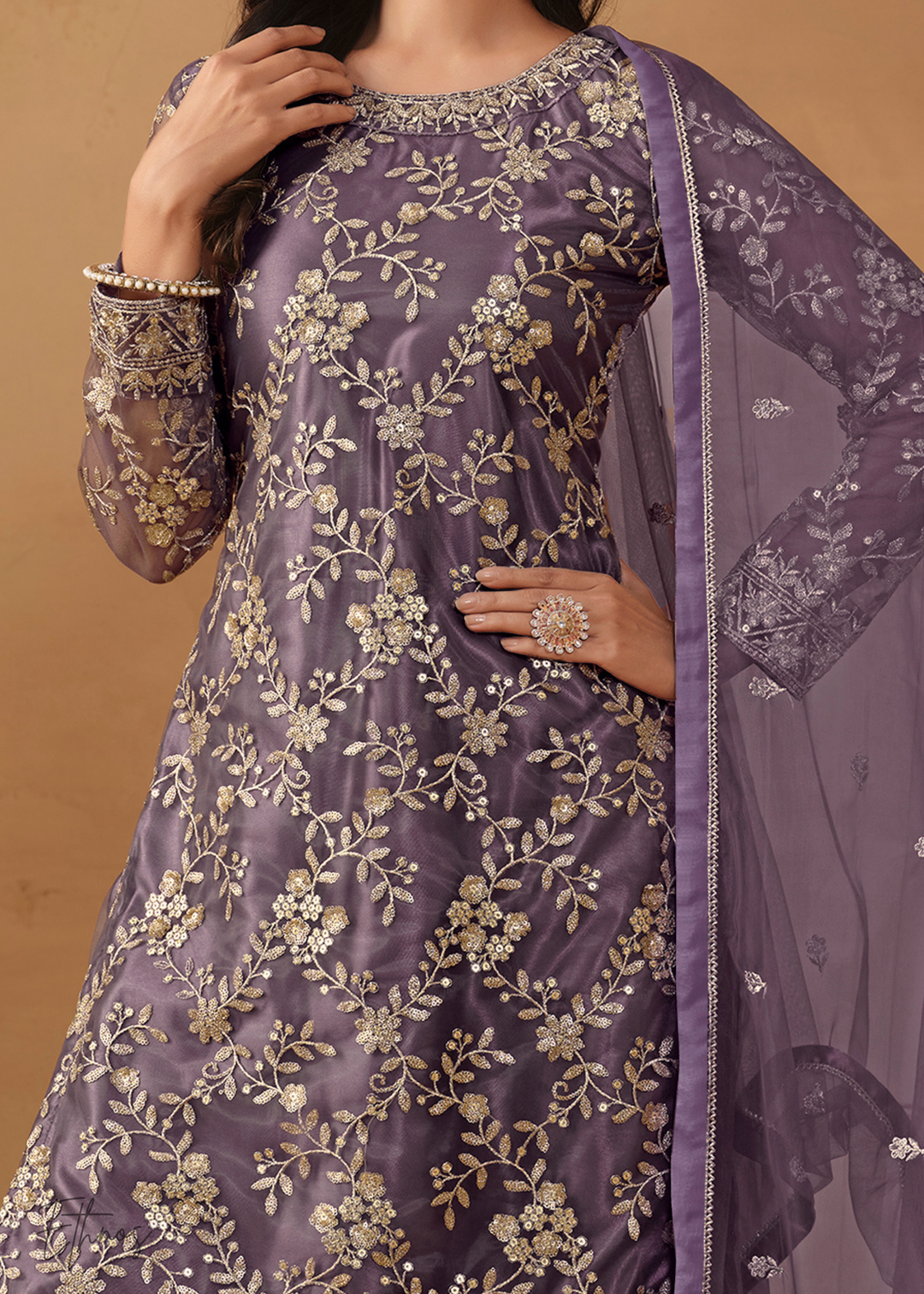 Purple Dori Embroidered Net Sharara Suit