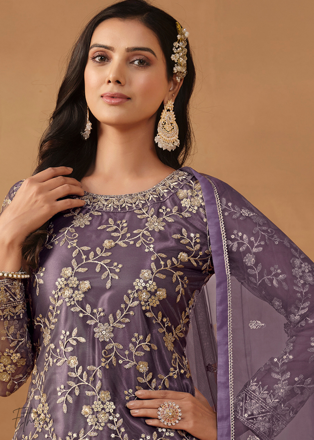 Purple Dori Embroidered Net Sharara Suit