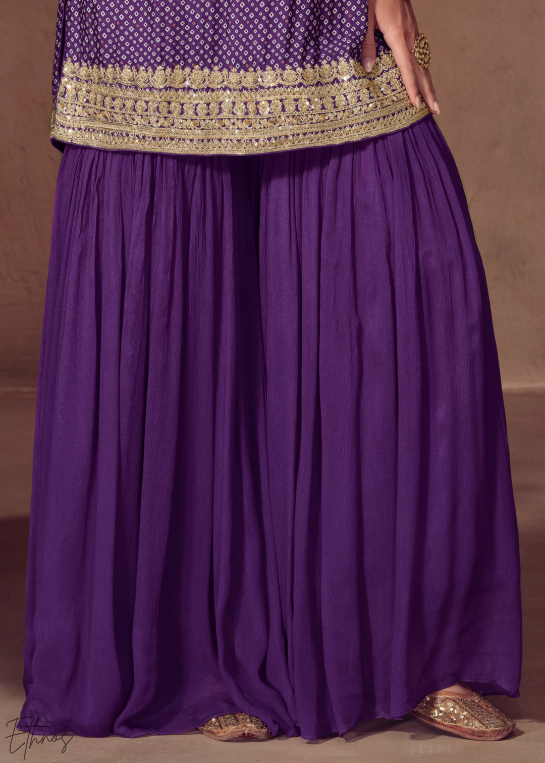 Purple Embroidered Bandhani Chinon Sharara Suit