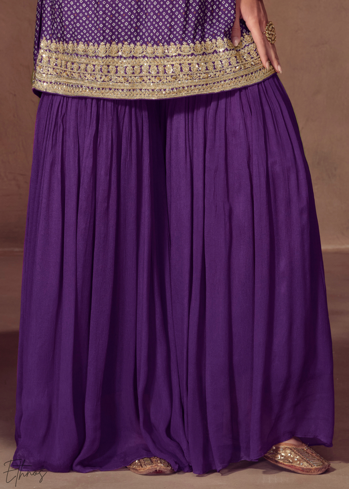 Purple Embroidered Bandhani Chinon Sharara Suit