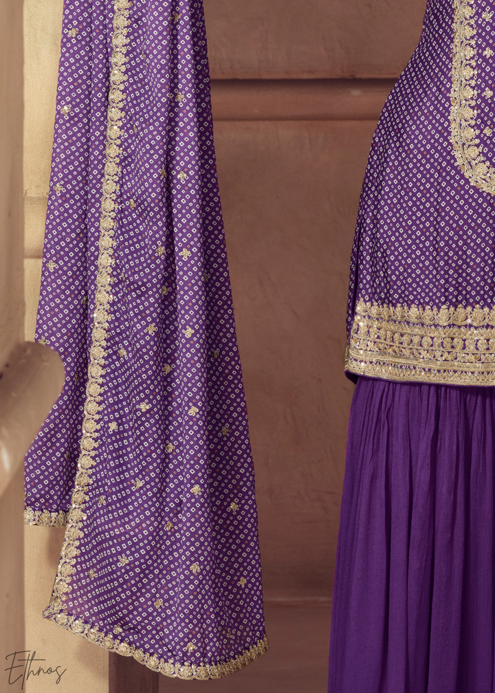 Purple Embroidered Bandhani Chinon Sharara Suit