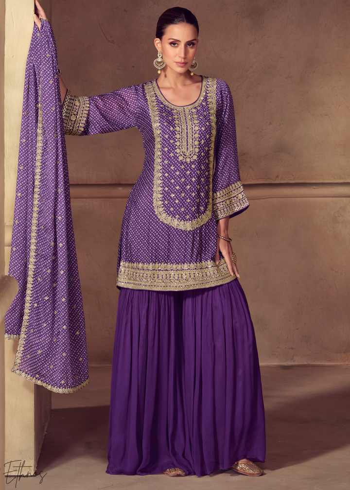 Purple Embroidered Bandhani Chinon Sharara Suit