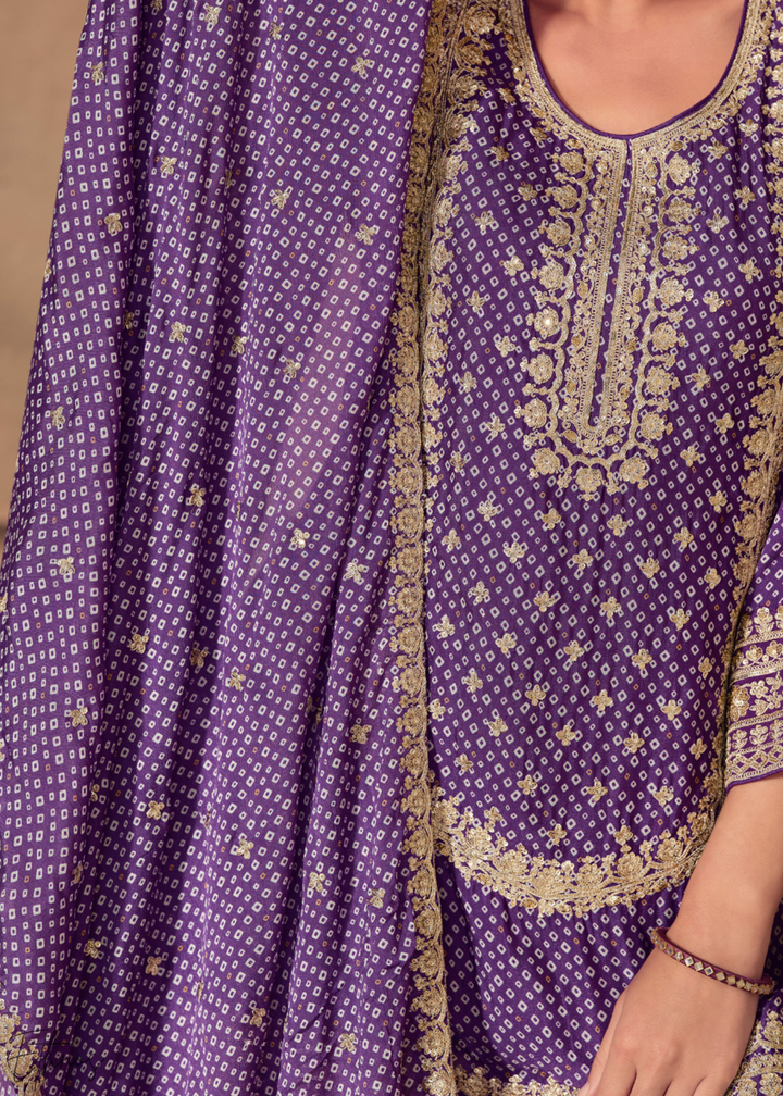 Purple Embroidered Bandhani Chinon Sharara Suit