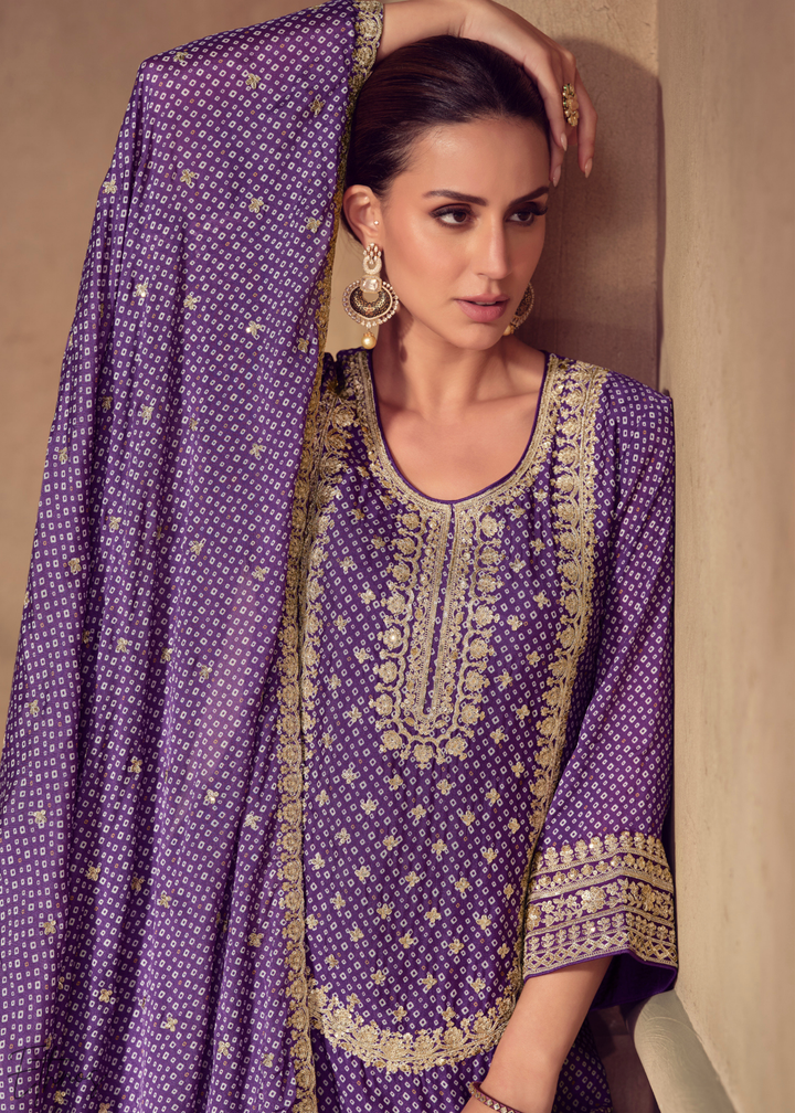 Purple Embroidered Bandhani Chinon Sharara Suit