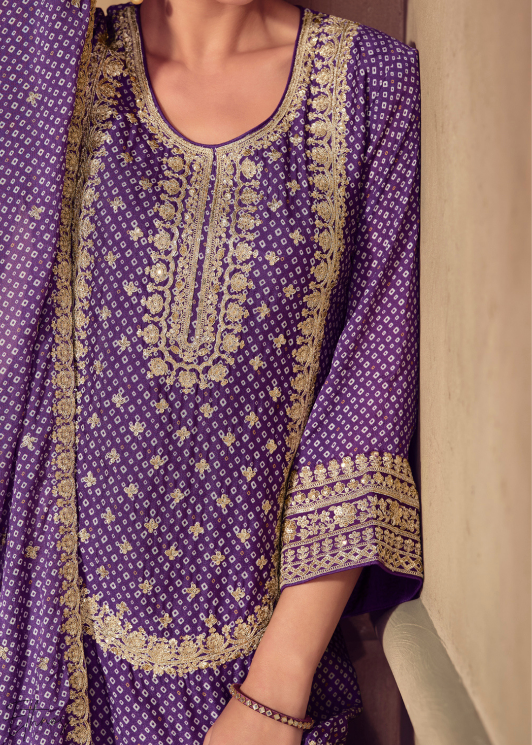 Purple Embroidered Bandhani Chinon Sharara Suit
