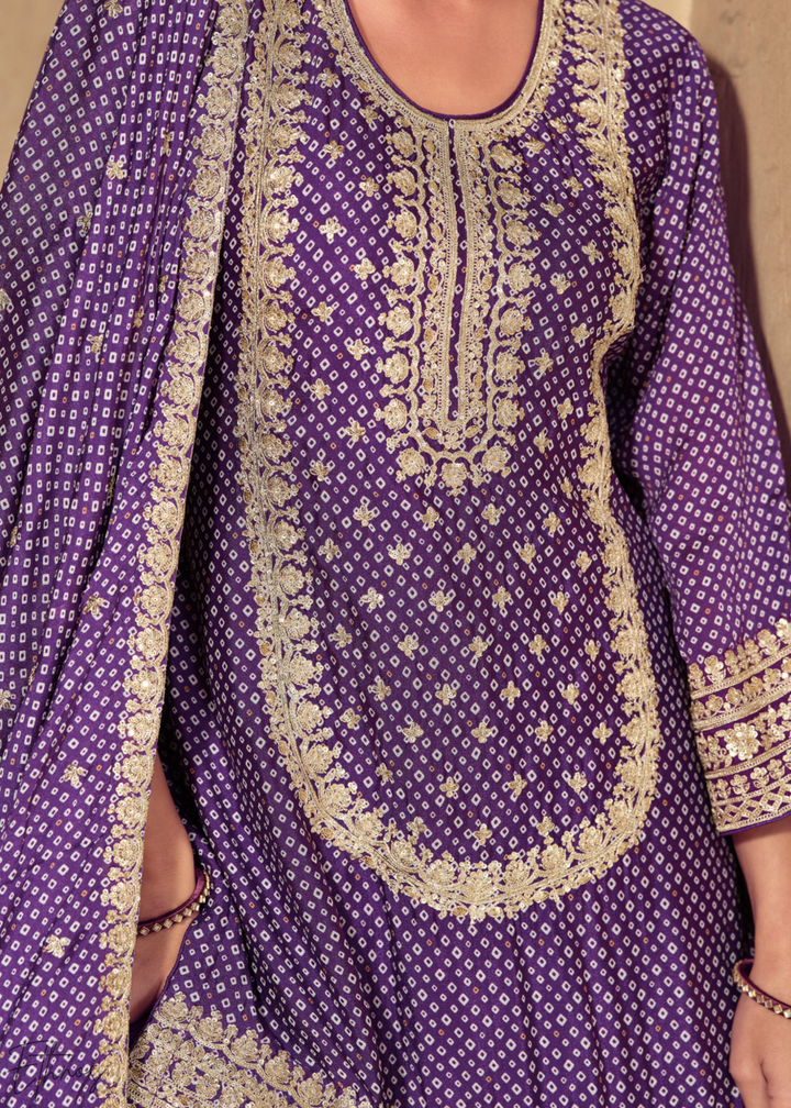 Purple Embroidered Bandhani Chinon Sharara Suit