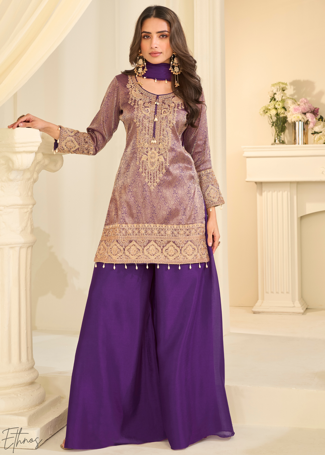 Purple Floral Embroidered Jacquard Silk Suit