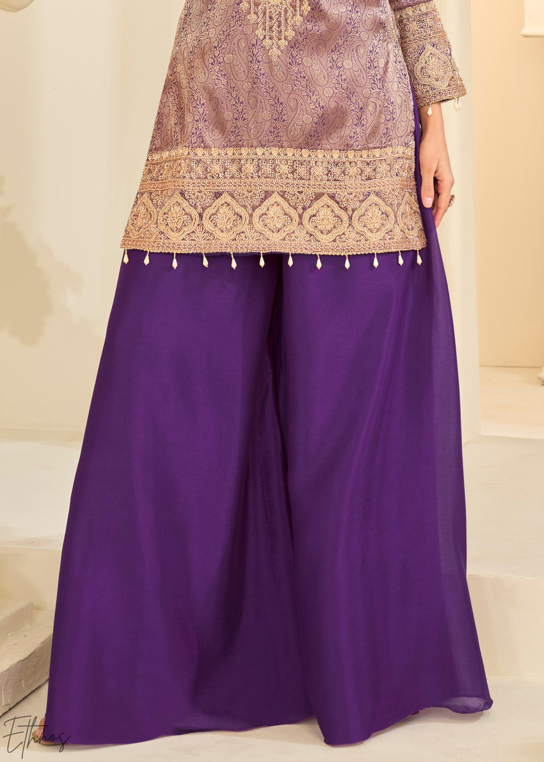 Purple Floral Embroidered Jacquard Silk Suit