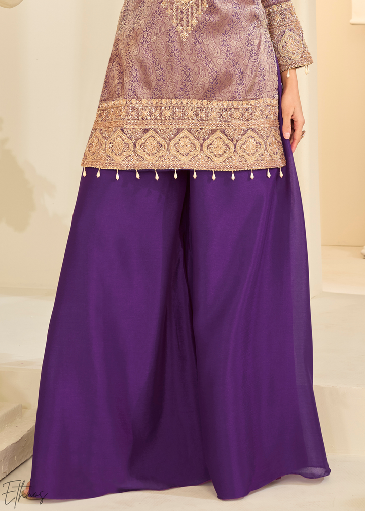 Purple Floral Embroidered Jacquard Silk Suit