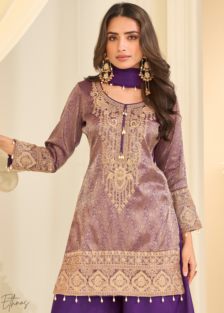 Purple Floral Embroidered Jacquard Silk Suit