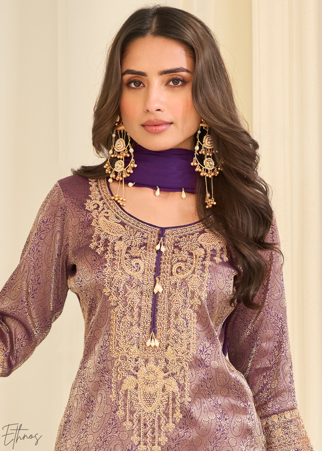 Purple Floral Embroidered Jacquard Silk Suit