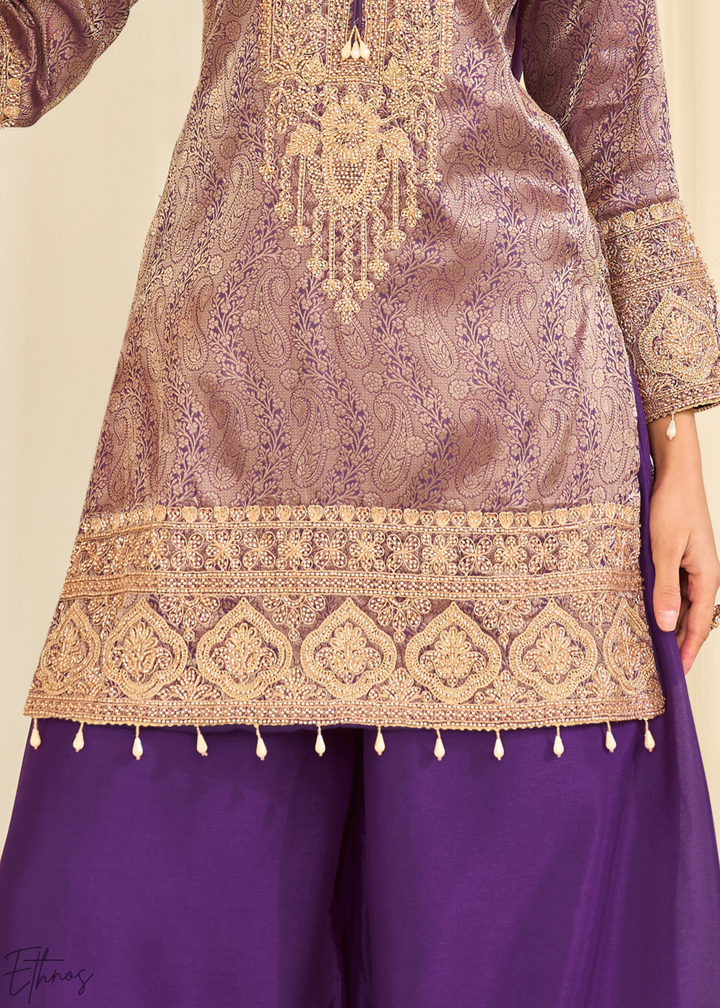 Purple Floral Embroidered Jacquard Silk Suit