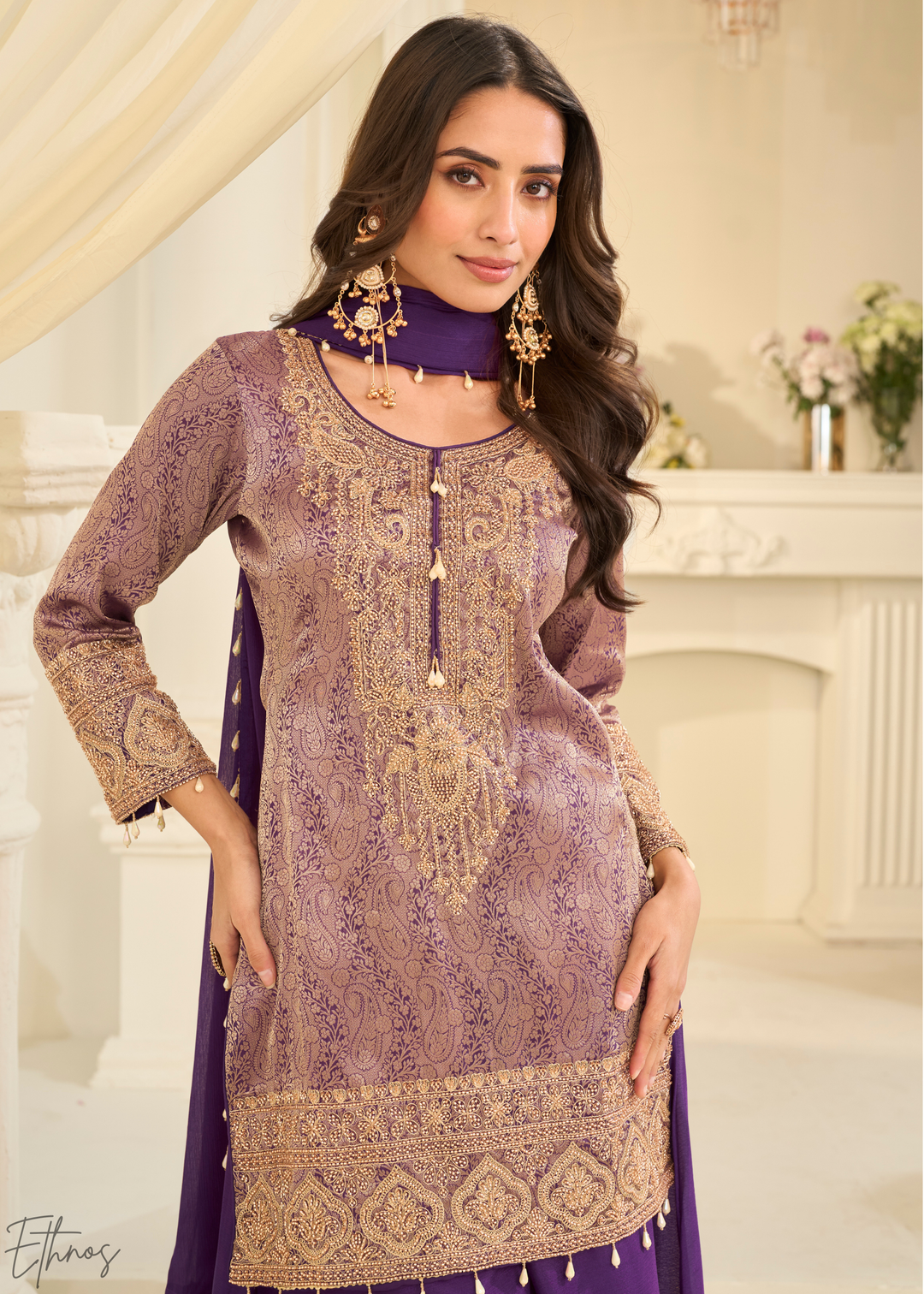 Purple Floral Embroidered Jacquard Silk Suit