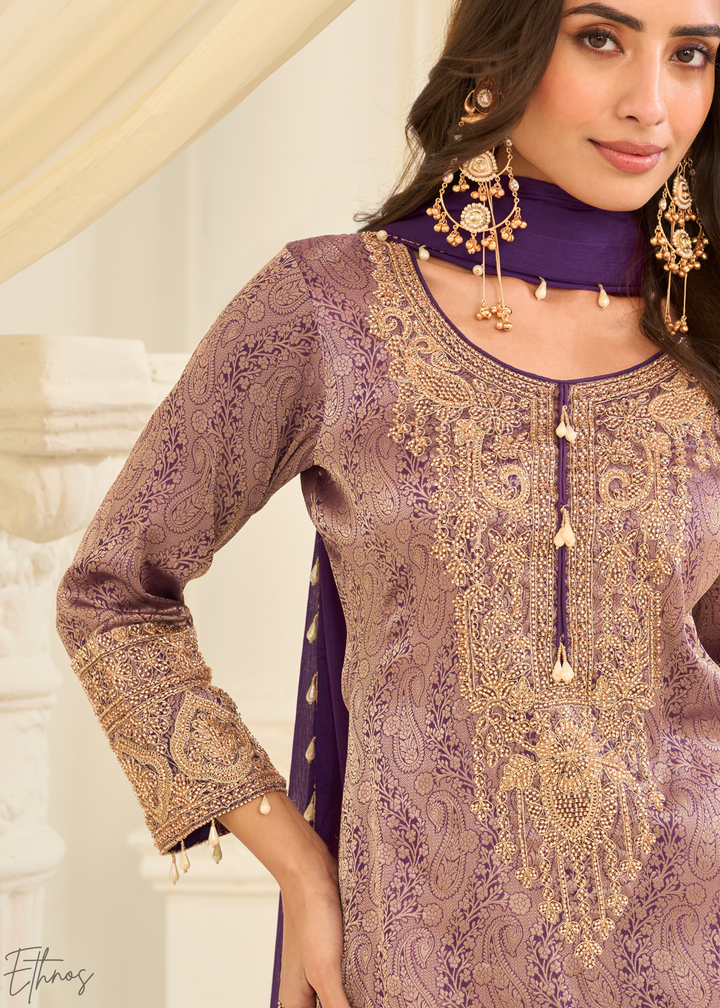 Purple Floral Embroidered Jacquard Silk Suit