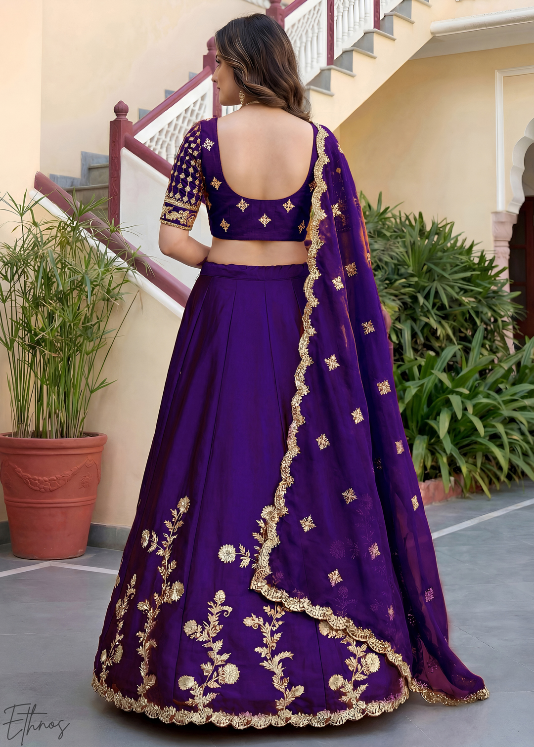 Deep Purple Floret Zari Rangoli Silk Lehenga