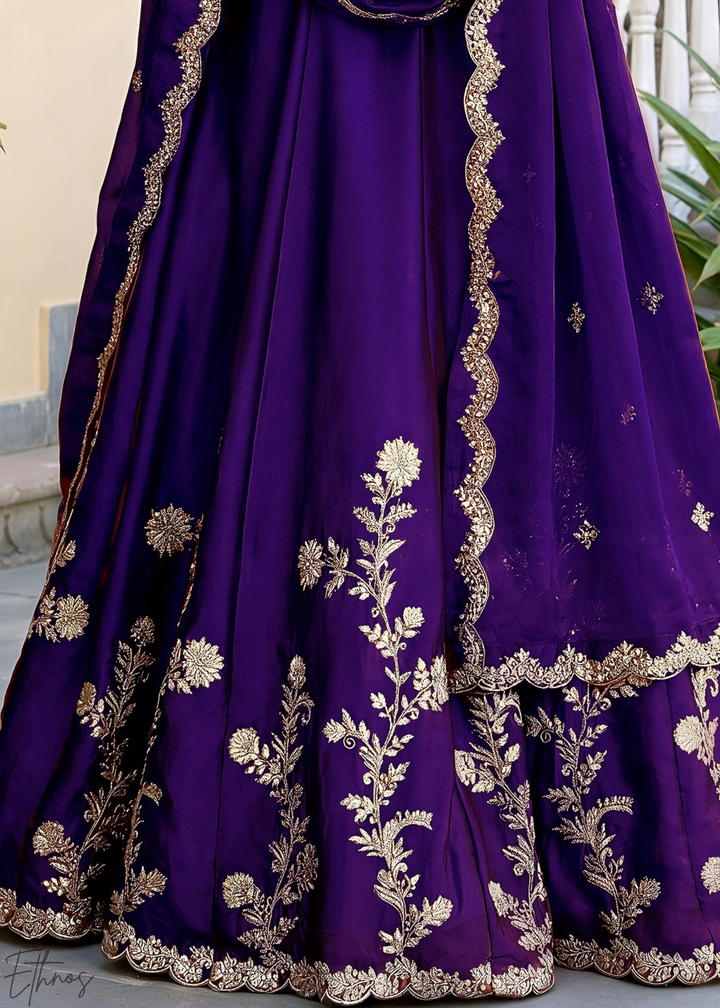 Deep Purple Floret Zari Rangoli Silk Lehenga
