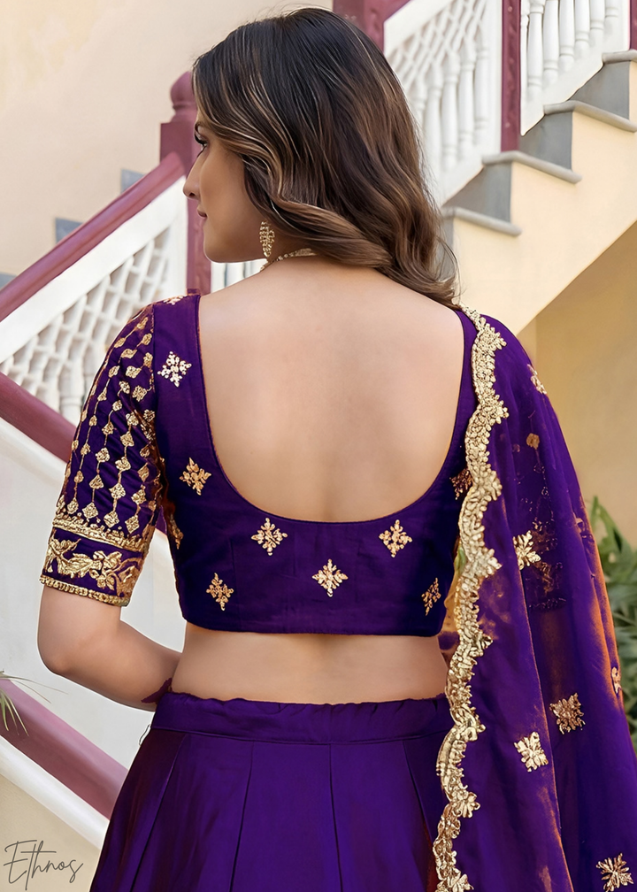 Deep Purple Floret Zari Rangoli Silk Lehenga