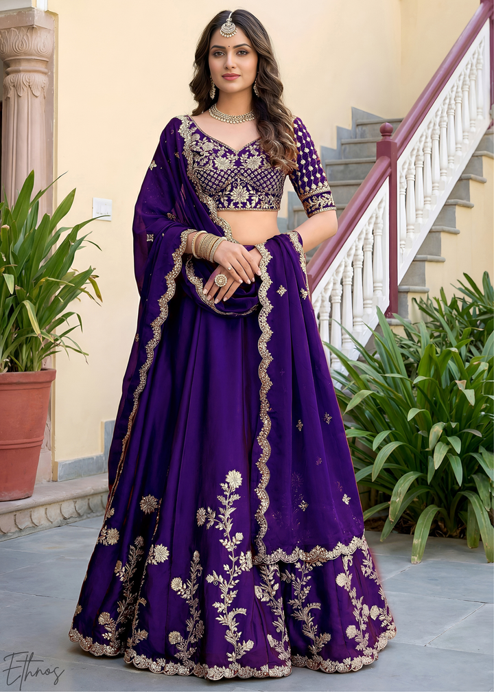 Deep Purple Floret Zari Rangoli Silk Lehenga