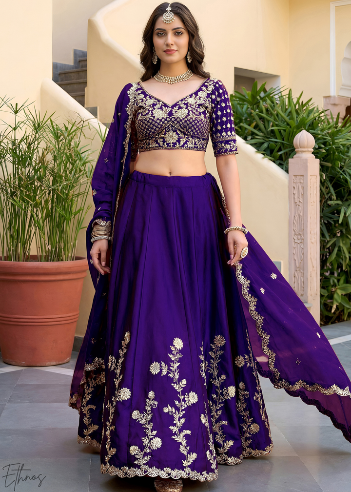 Deep Purple Floret Zari Rangoli Silk Lehenga