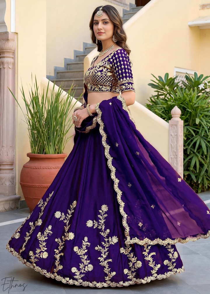 Deep Purple Floret Zari Rangoli Silk Lehenga