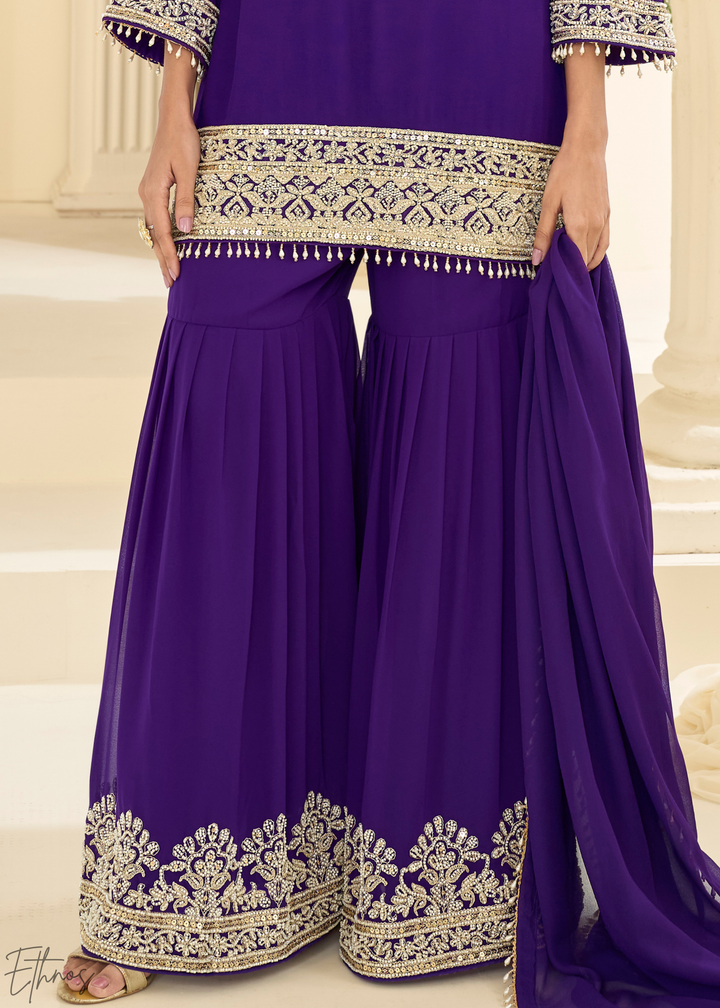 Royal Purple Detailed Georgette Sharara Suit