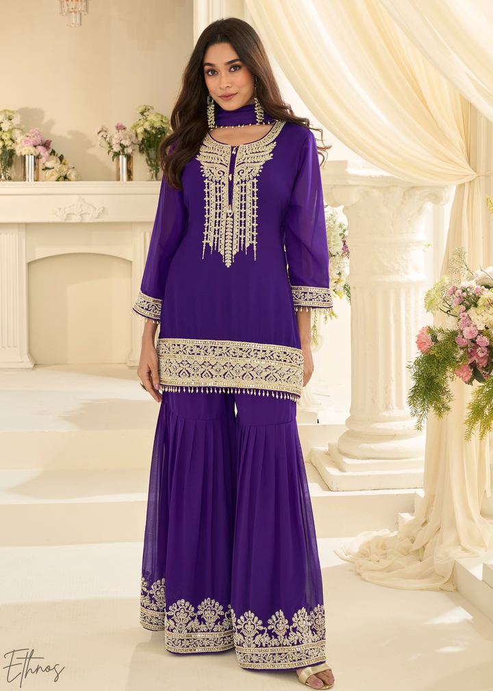 Royal Purple Detailed Georgette Sharara Suit