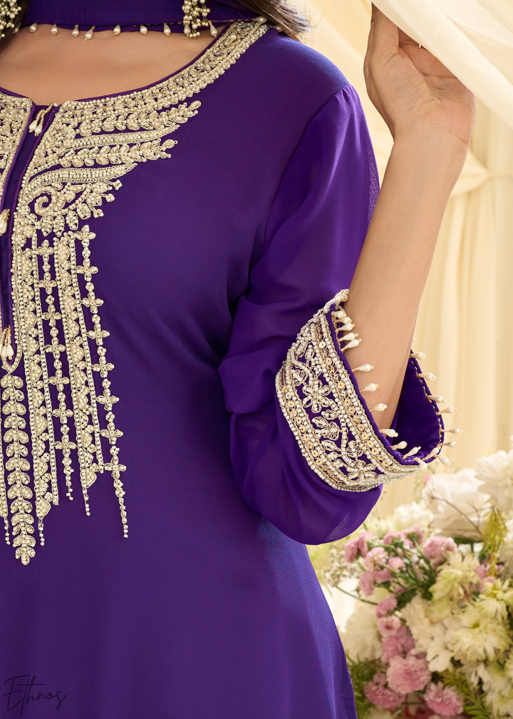 Royal Purple Detailed Georgette Sharara Suit