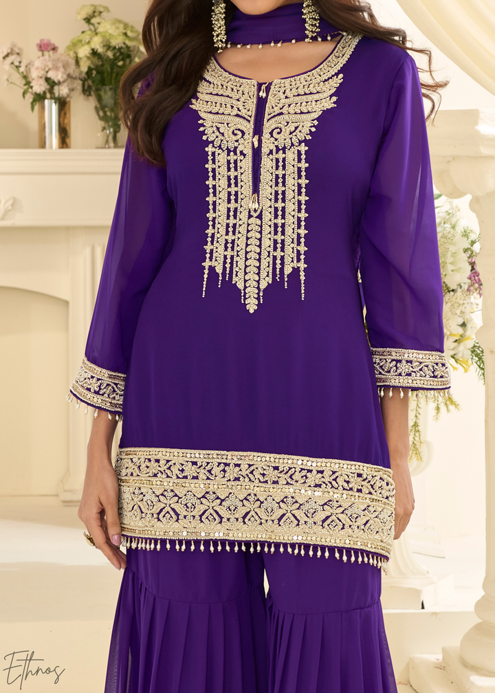 Royal Purple Detailed Georgette Sharara Suit