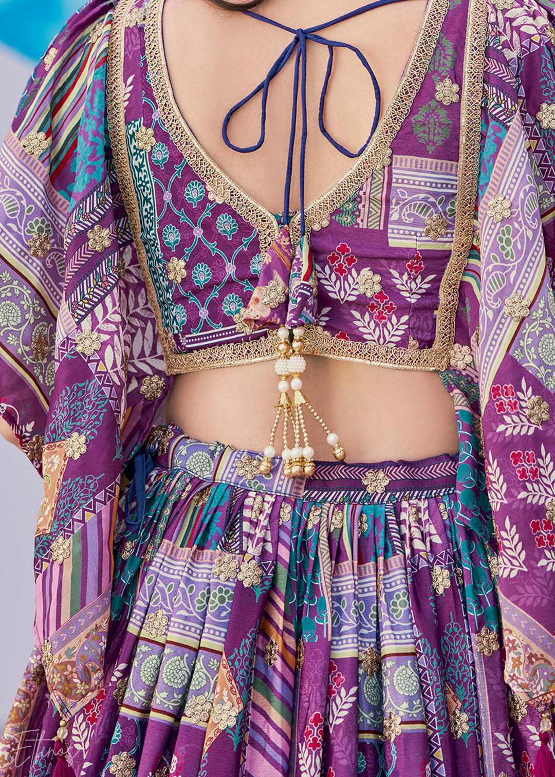 Purple Printed Embroidered Chinon Silk Lehenga