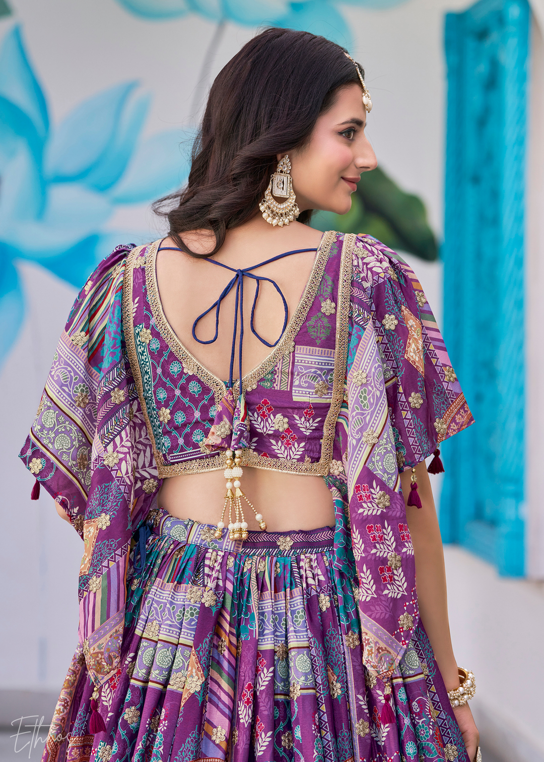 Purple Printed Embroidered Chinon Silk Lehenga