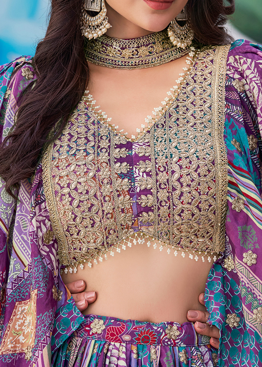 Purple Printed Embroidered Chinon Silk Lehenga