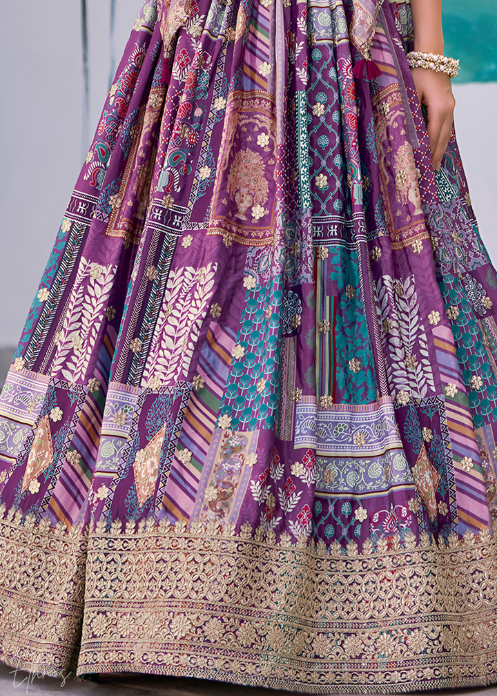 Purple Printed Embroidered Chinon Silk Lehenga