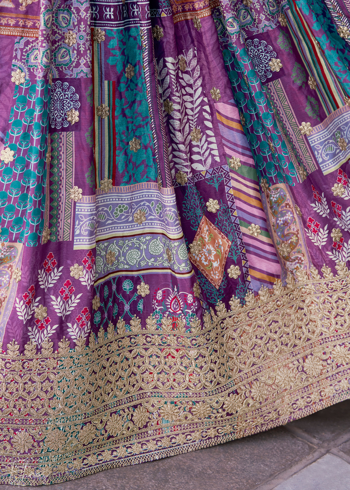 Purple Printed Embroidered Chinon Silk Lehenga