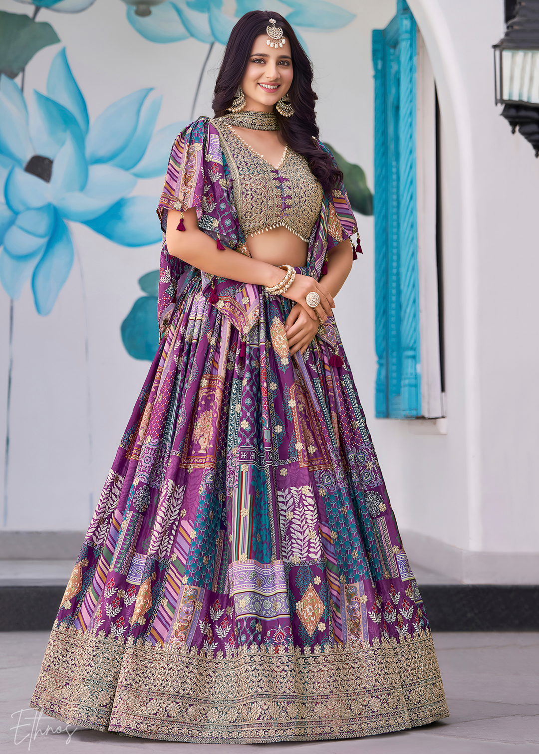 Purple Printed Embroidered Chinon Silk Lehenga